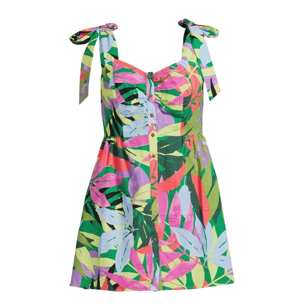 Terra & Sky Tie Shoulder Tropical Dress Button Front